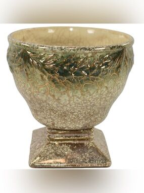 McCoy Grecian 1950s Pottery Ivory Green Spray Gold Marbling Pedestal Bowl 449